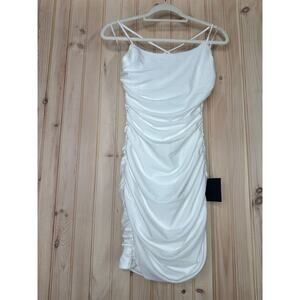 NWT Lulus Confident Allure White Ruched Lace-Up Bodycon Mini Dress Party Size S